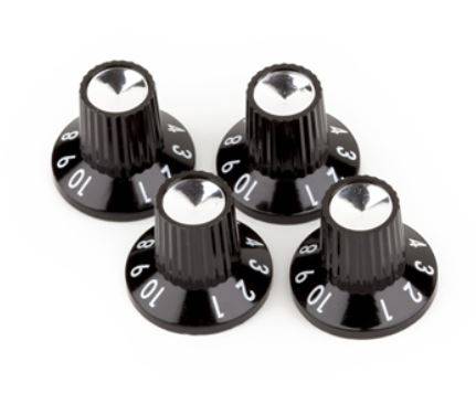 Black-Silver Skirted (1-10) Push-on Amplifier Knobs (4)